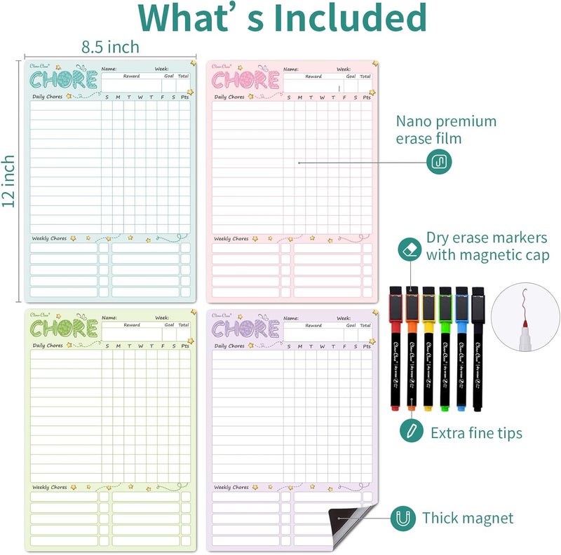 Clever Clean Magnetic Dry Erase Chore Chart - 8.5"x12" Behavior Responsibility Chore Board for Kids, Teenagers - 6 Extra Fine Point Markers Included - Shipped Flat 4 Pcs - Image 2